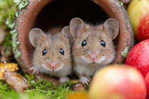 Two adorable small rodents peek out from a rustic clay pot surrounded by vibrant apples and autumn leaves, showcasing a charming natural scene in a lush garden setting photo
