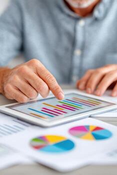 Business professional analyzing colorful graphs and charts on a tablet, surrounded by printed reports and documents, showcasing data-driven decision-making in a modern workspace photo