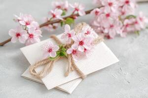 Elegant floral arrangement featuring delicate pink blossoms tied with twine on textured surface, creating a serene and inviting atmosphere for spring celebrations and personal notes photo