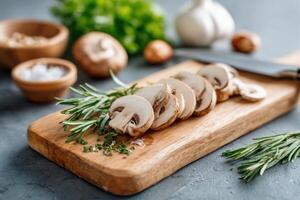 Freshly sliced mushrooms arranged on a wooden cutting board with herbs and garlic in the background, showcasing culinary preparation and vibrant kitchen atmosphere photo