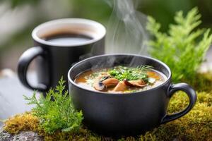 Steaming bowl of soup with herbs and mushrooms, placed on mossy surface, accompanied by a cup of coffee, creating a cozy and inviting atmosphere for culinary enjoyment photo