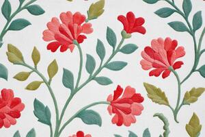 Jaal pattern featuring vibrant floral motifs in red and green, intricately designed on a textured background, showcasing traditional craftsmanship and artistic expression photo