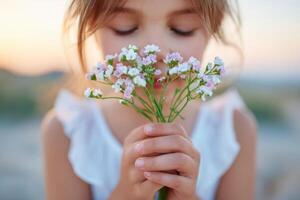 Young girl with long hair holds a bouquet of delicate flowers close to her face, enjoying the fragrance, with a soft sunset background creating a serene atmosphere photo