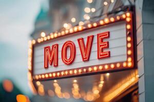 Bright illuminated sign with the word MOVE in bold red letters, surrounded by glowing bulbs, creating a vibrant atmosphere in an urban setting at dusk photo