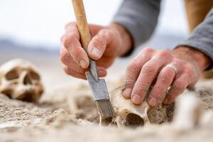 Archaeologist carefully excavating a human skull with a brush in a sandy environment, showcasing the delicate process of uncovering ancient remains and historical artifacts photo