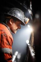 Male miner wearing a hard hat and orange work uniform, focused on his task in a dimly lit underground environment, showcasing dedication and safety in mining operations photo