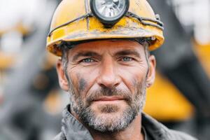 Construction worker with a hard hat and rugged attire, displaying a determined expression, surrounded by industrial machinery and construction site elements, showcasing dedication and resilience photo