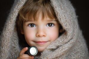 Young child wrapped in a cozy blanket, holding a flashlight, with a warm expression, creating a sense of comfort and curiosity in a soft, inviting atmosphere photo
