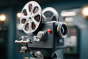 Vintage film camera with reels, showcasing intricate design and mechanical features, set in a dimly lit studio environment, capturing the essence of classic filmmaking photo
