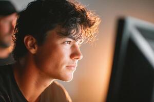 Young man with dark hair is focused on a computer screen, illuminated by warm light, showcasing concentration and creativity in a modern workspace environment photo