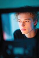 Young male with light hair is gazing thoughtfully through a camera lens, illuminated by soft blue and warm light, capturing a moment of introspection and creativity photo