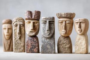 Collection of unique stone sculptures depicting abstract human faces, showcasing various textures and colors, arranged in a line on a neutral background, emphasizing artistic craftsmanship photo