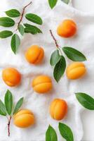 Fresh apricots arranged artistically on a textured white fabric, surrounded by vibrant green leaves, creating a visually appealing and natural composition for culinary or lifestyle themes photo