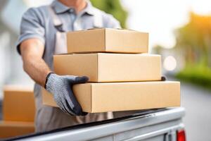 Delivery worker in gray gloves is carrying stacked cardboard boxes from a truck, showcasing the logistics and transportation process in an outdoor setting with greenery photo