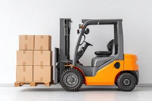 Forklift with stacked cardboard boxes on wooden pallet, positioned against a clean white wall, showcasing industrial equipment in a warehouse environment for logistics operations photo