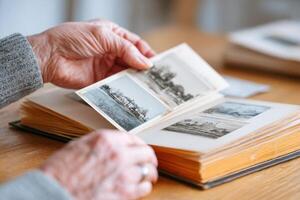 Hands of an elderly person gently flipping through a vintage photo album filled with black and white images, evoking nostalgia and memories of the past