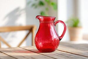 Red glass pitcher with a curved handle sits elegantly on a wooden table, surrounded by soft natural light and greenery, creating a warm and inviting atmosphere photo