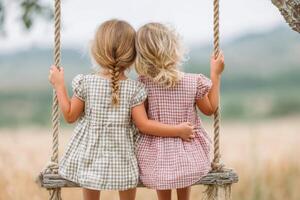 Two young girls with braided and wavy hair, wearing checkered dresses, are sitting on a swing, enjoying a serene moment in a field with soft grass and distant hills photo