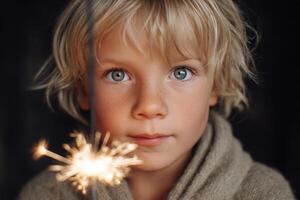 Young boy with light blonde hair holds a sparkler, gazing intently at the camera, showcasing a moment of wonder and joy in a softly lit environment photo