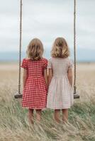 Two young girls wearing colorful checkered dresses stand together on a swing in a golden field, enjoying a serene moment in nature, evoking childhood innocence and joy photo
