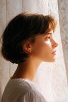 Young woman with short hair gazes thoughtfully out of a window, soft sunlight illuminating her face, surrounded by delicate lace curtains, capturing a moment of reflection and tranquility photo