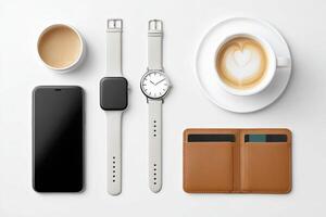 Stylish flat lay composition featuring a smartphone, smartwatch, wristwatch, coffee cup, and wallet on a clean white surface, showcasing modern lifestyle and technology essentials photo