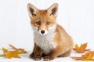Young red fox with bright eyes, sitting on a soft surface surrounded by colorful autumn leaves, showcasing its playful and curious nature in a serene environment photo