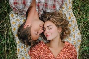 Young couple lying on a floral blanket in a grassy field, sharing a tender moment with their foreheads touching, embodying love and connection in a serene outdoor setting photo