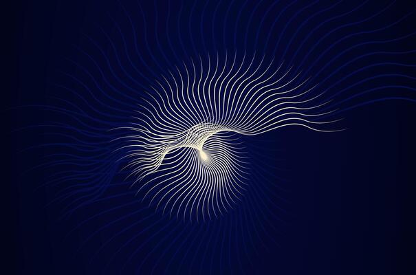 Abstract Line spiral in sea shell shape. Linear abstract artwork in gold and dark blue background.