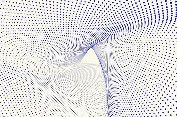 Concentric triangle line dots particles ripple swirl and spin rotate pattern tech abstract background. Technology, big data and futuristic background with copy space.