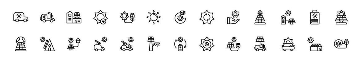 Icon set solar energy, energy powered by nature. Include electric vehicle, solar panel, solar generator, greenhouse and rechargeable device. Outline and Line icon set. vector