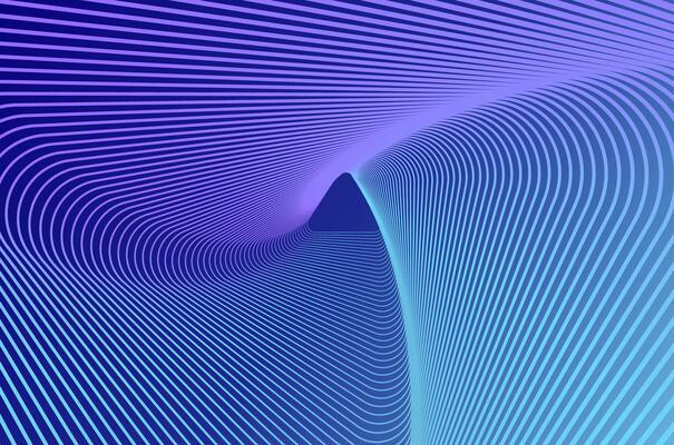 Concentric triangle line ripple swirl and spin pattern tech abstract background with neon vibrant colours. Technology, science and futuristic background with copy space.