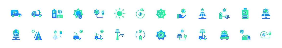 Icon set solar energy, energy powered by nature. Include electric vehicle, solar panel, solar generator, greenhouse and rechargeable device. Flat gradient and colourful icon set. vector