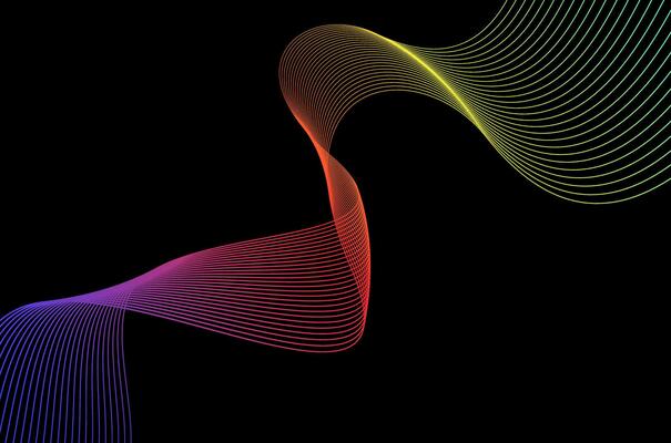 Minimal Abstract line stripes swirl colourful over black background. Luxury, bright and modern concept with space.