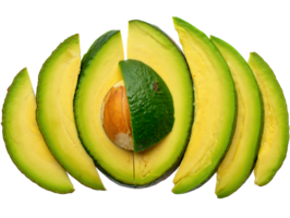 Slices of fresh green avocado are arranged on a transparent background, revealing the creamy texture and brown pit in an inviting way. png