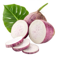 Fresh taro root vegetable, cut into slices, beside a vibrant green monstera leaf on a transparent background, perfect for cooking concepts. png