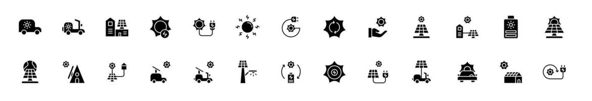 Icon set solar energy, energy powered by nature. Include electric vehicle, solar panel, solar generator, greenhouse and rechargeable device. Glyph and solid icon set. vector