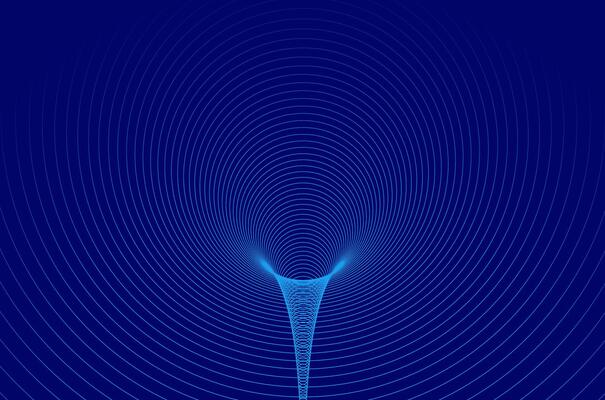 Concentric circle wireframe tech, sound wave, wormhole geometric grid pattern of neon blue line. Abstract blue circular tunnel 3d background.