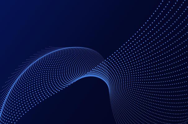 Dynamic big data blue neon particle wave dots technology abstract background. Futuristic design with motion and depth effect and copy space.