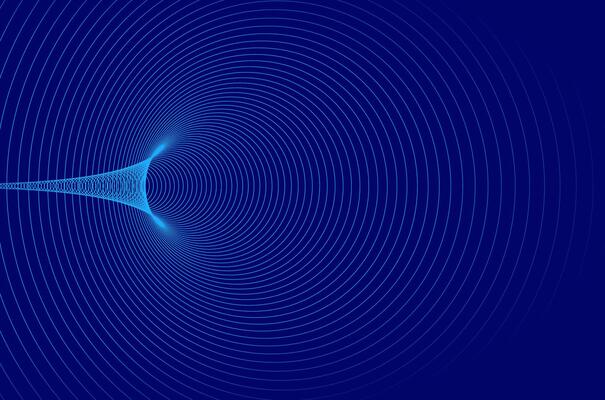 Abstract blue circular tunnel 3d background. Concentric circle wireframe tech, wormhole, sound wave, geometric grid pattern of neon blue line.