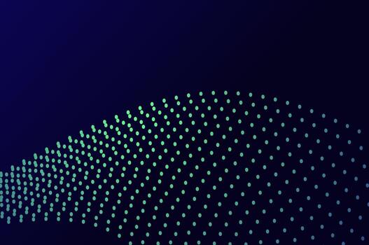 Mininalist Dynamic neon green particle wave line on dark blue abstract background. Abstract sound, data tech visualization with space. vector