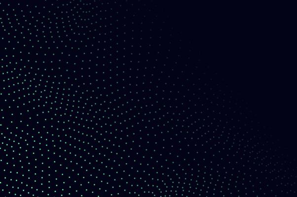 Mininalist Dynamic neon green particle wave line on dark blue abstract background. Abstract soundwave, data, tech visualization with space.