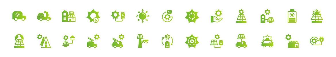 Icon set solar energy, energy powered by nature. Include electric vehicle, solar panel, solar generator, greenhouse and rechargeable device. Green gradient and colourful icon set. vector