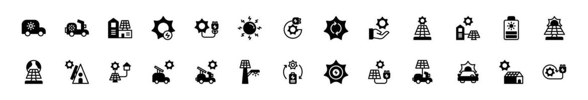 Icon set solar energy, energy powered by nature. Include electric vehicle, solar panel, solar generator, greenhouse and rechargeable device. Glyph and Black Semi Solid icon set. vector