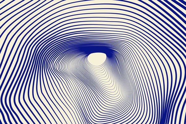 Minimalist circle line distortion, mesh, wavy abstract background. Tunnel, sound wave effect 3d blue retro design concept.