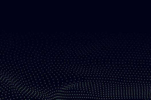 Mininalist Dynamic neon green particle wave line on dark blue abstract background. Abstract soundwave, data technology visualization with space. vector