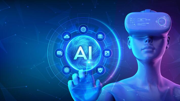 AI. Artificial Intelligence. Girl wearing VR headset glasses touching digital interface with AI wavy grid sphere. Machine Learning. Big data innovation technology. Neural network. illustration.