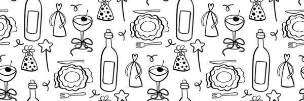 Seamless pattern with cozy dinner table decor. Candles, fruit, wine, plates icon. Great for wrapping paper, textiles, kitchenware. doodle illustration, perfect for celebration design. vector