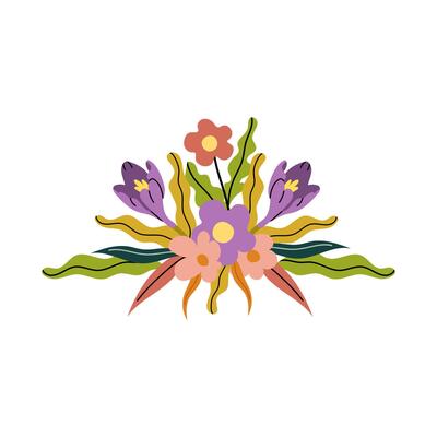 Spring flowers composition with violet crocus. Floral bouquet with leaves. Perfect for seasonal greeting card, print. Soft pastel color, fresh spring design. flat illustration.