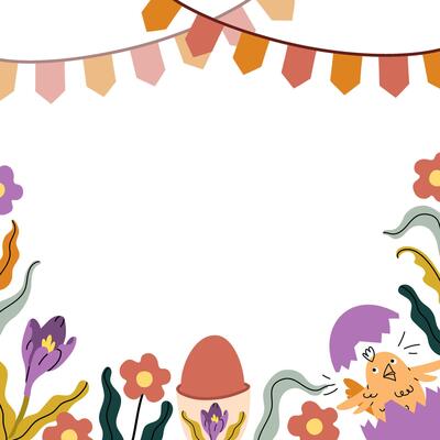 Easter frame with hatched chicken, egg and festive element. Square background for social media card, banner, invitation, seasonal print. Hand-drawn flat illustration.